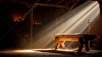 Light shines on wooden manger with cross in peaceful barn setting during dawn hours