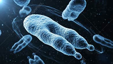 Microscopic Rendering of Blue Microorganisms on Dark Backdrop for Scientific and Medical Research and Pharmaceutical Advancements