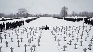 Soldiers and families gathered in a snowy cemetery to honor fallen heroes during a somber memorial service
