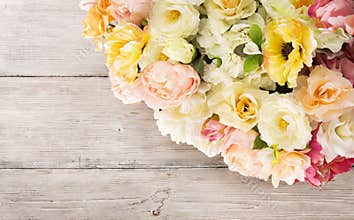 Flowers bouquet of peony, summer arrangement, wooden background