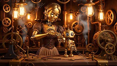 Golden Automaton Builds Her Robot Assistant in Steampunk Workshop