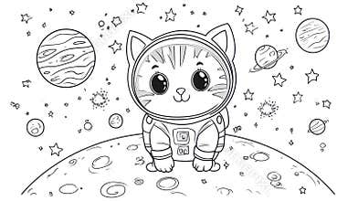 Cute Cat Astronaut on Moon, Space and Planets Coloring Page for Kids