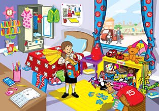 School girl in her untidy bedroom