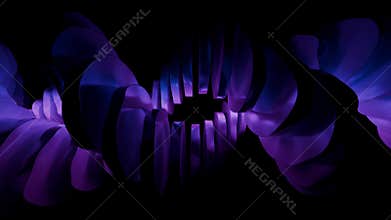Looped 3D animation of abstract purple blue spiral structure formed by layered curved dark shapes