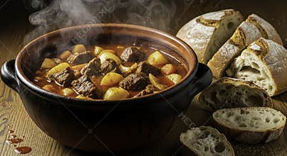 Hearty Steaming Beef and Potato Stew Served in Rustic Clay Pot with Sliced Artisan Bread