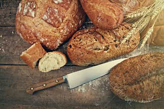 Assortment of breads on wood