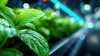 Vertical indoor hydroponic garden with fresh green plants, representing sustainable urban farming and modern agriculture