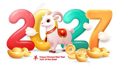 Year of The Goat 2027 sign with Cute 3D Goat in front of the numbers