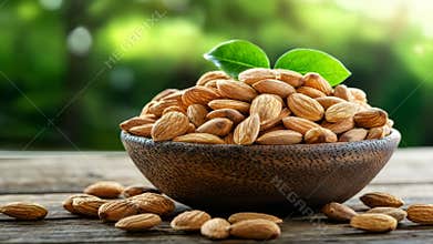 Almonds in a wooden bowl with green leaves on a sunny day