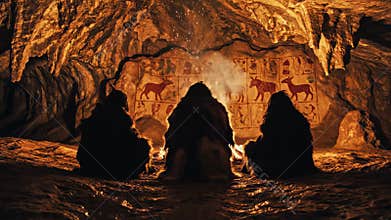 Primitive people in skins are sitting in a cave by a campfire warming themselves against the background of rock paintings