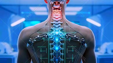 spinal implant calibration in clinical lab, illuminated vertebrae and neural