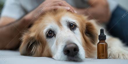 Elderly golden retriever resting, human hand comforting head, dropper bottle for pet medication and wellness beside