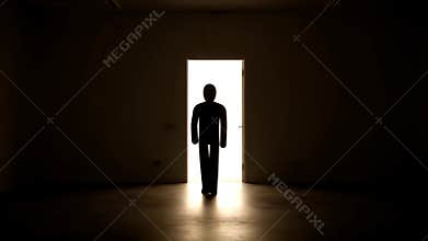 Silhouette of Walking Stickman Figure Through Illuminated Doorway in Dark Room