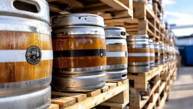 Stainless steel beer kegs lined up on wooden pallets in a brewery or storage facility