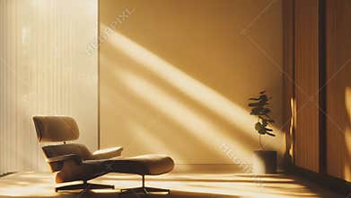 Elegant lounge chair in glowing sunlit modern interior