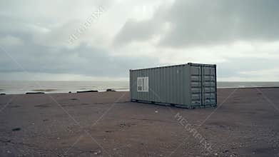 Shipping container building on desolate ocean beach