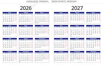 Spanish calendar template for 2026 and 2027, Spain vector annual planner collection