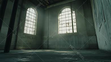 Abandoned industrial warehouse interior with large arched windows