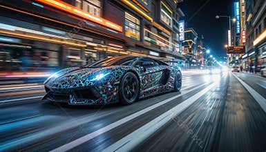 Futuristic Lamborghini Racing Through Neon City Streets at Night