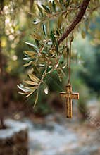 Golden christian cross hanging from olive branch symbolizing peace and faith