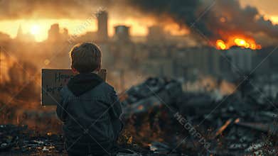 Young refugee holding sign asking for hope in war-torn city