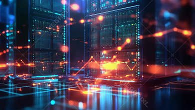 Server racks processing data with futuristic charts and graphs glowing