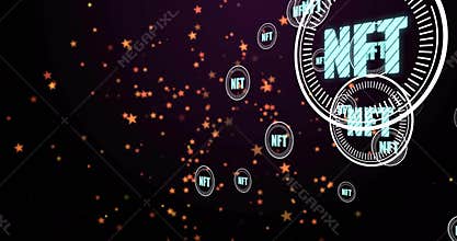 On start stars drifting as NFT tokens sliding grouping around growing emblem showing network growth