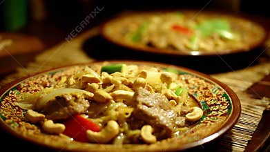 Savory Cashew Chicken Dish Presented on Ornate Plate with Warm Lighting