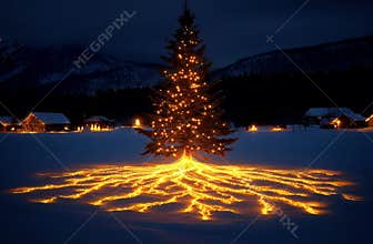 Magical Illuminated Christmas Tree in Snowy Landscape at Night