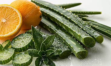 Fresh Aloe Vera, Lemon, and Cucumber Slices