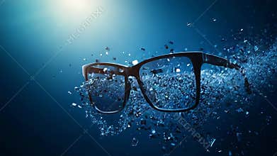 Shattering eyeglasses on blue background symbolizing vision loss