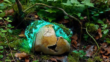 Glowing mushroom in a forest setting surrounded by moss and leaves creates a magical atmosphere