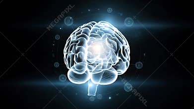 Glowing neural lines driving brain rotating while medical icons orbit showing brain connectivity