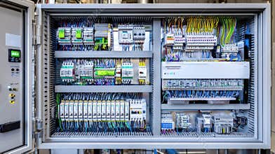 Precision Engineered Industrial Automation Control Panel: Advanced Electrical Cabinet with PLC, Relays, and Terminal Blocks for