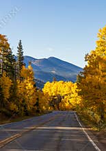 Scenic fall foliage landscape alongside the Highway of Legends National Scenic Byway in Colorado