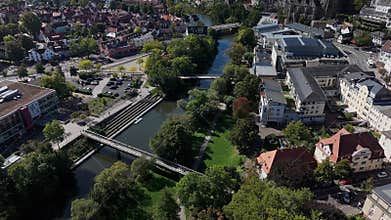 Aerial Cityscape with River and Bridges