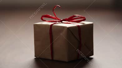 Slide shot of brown paper gift box with red bow on wood table