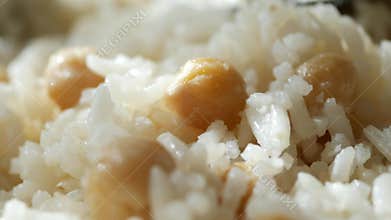 Fluffy rice with chickpeas prepared in a cozy kitchen