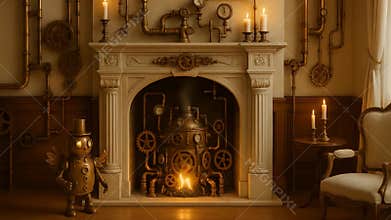 A Cozy Steampunk-Inspired Living Room Scene Featuring a Decorative Fireplace with Gears