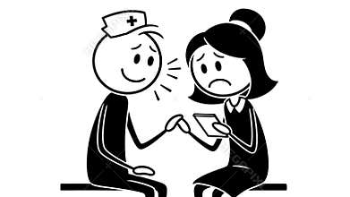 Stickman Doctor Offers Reassurance to Sad Patient Holding Medical Chart a Consultation Scene in Black and White Isolated on White