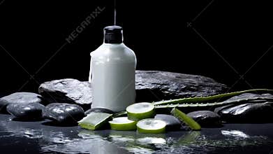 A white dispenser, aloe vera slices, leaves, and wet stones. Dramatic light, black background. Reflection