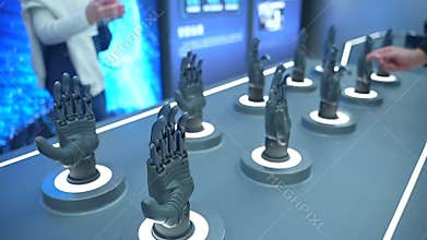Modern bionic prosthetic hands demonstrating finger movements at futuristic robotics technology exhibition, showcasing advanced