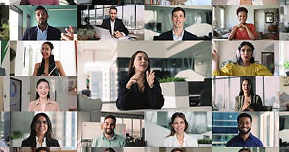 Zoom out collage view of diverse people engaged in videocall