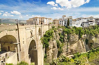 Scenic view of Ronda bridge and canyon in Ronda, Malaga, Spain.