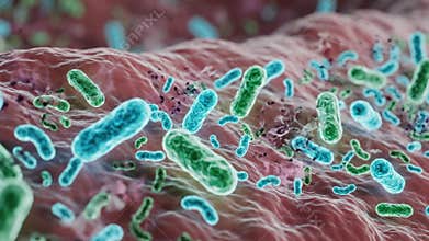 Microscopic View of Diverse Bacteria and Viruses on Biological Tissue Surface Under Detailed Illumination