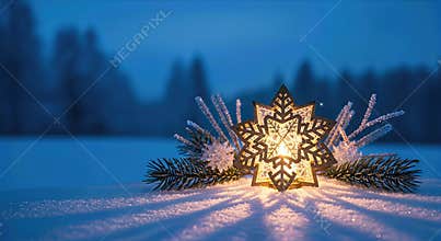 Luminous snowflake star gently glows upon pristine cold snow and frosted fir branches. A tranquil winter solstice night
