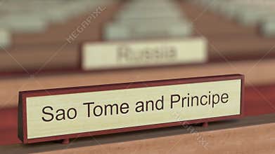 Sao Tome and Principe name sign among different countries plaques at international organization