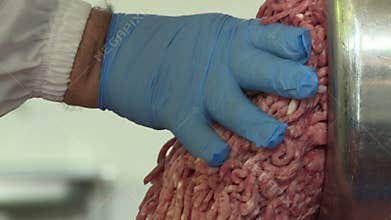 Ground meat for sausage coming out of a meat grinder