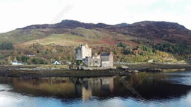 Aerial view of the historic Eilean Donan Castle by Dornie in autumn, Scotland