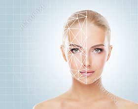 Portrait of attractive woman with a scnanning grid on her face. Face id, security, facial recognition concept.